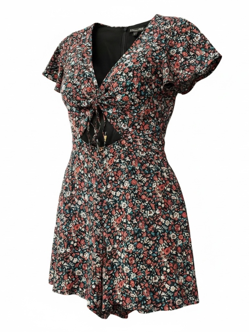 Express Black Floral-Accent Tie Bust Flutter Sleeve Romper (Sz 8)
